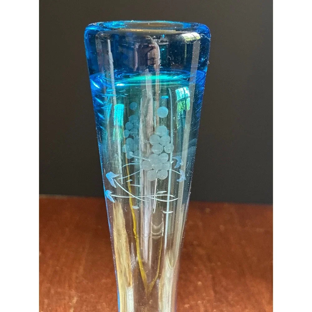 Vintage Blue Glass Bud Vase Etched Grape Vine Frosted 9.5